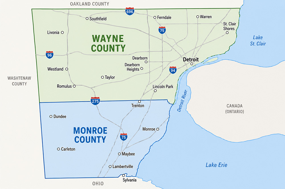 Map of Wayne and Monroe Counties