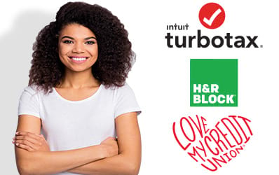Woman with the Turbo Tax and HR Block logos
