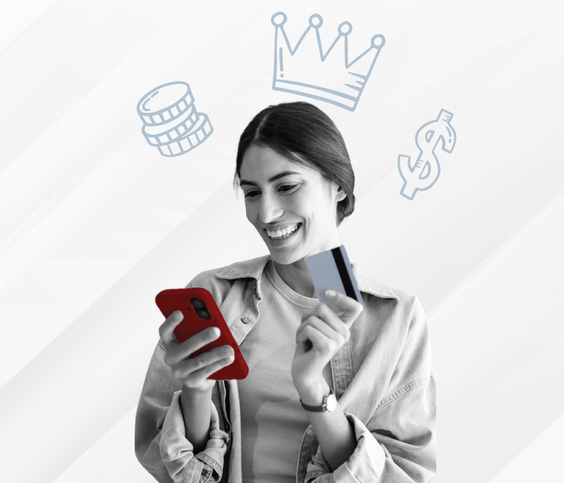 Young woman with a debit card looking at the mobile app,